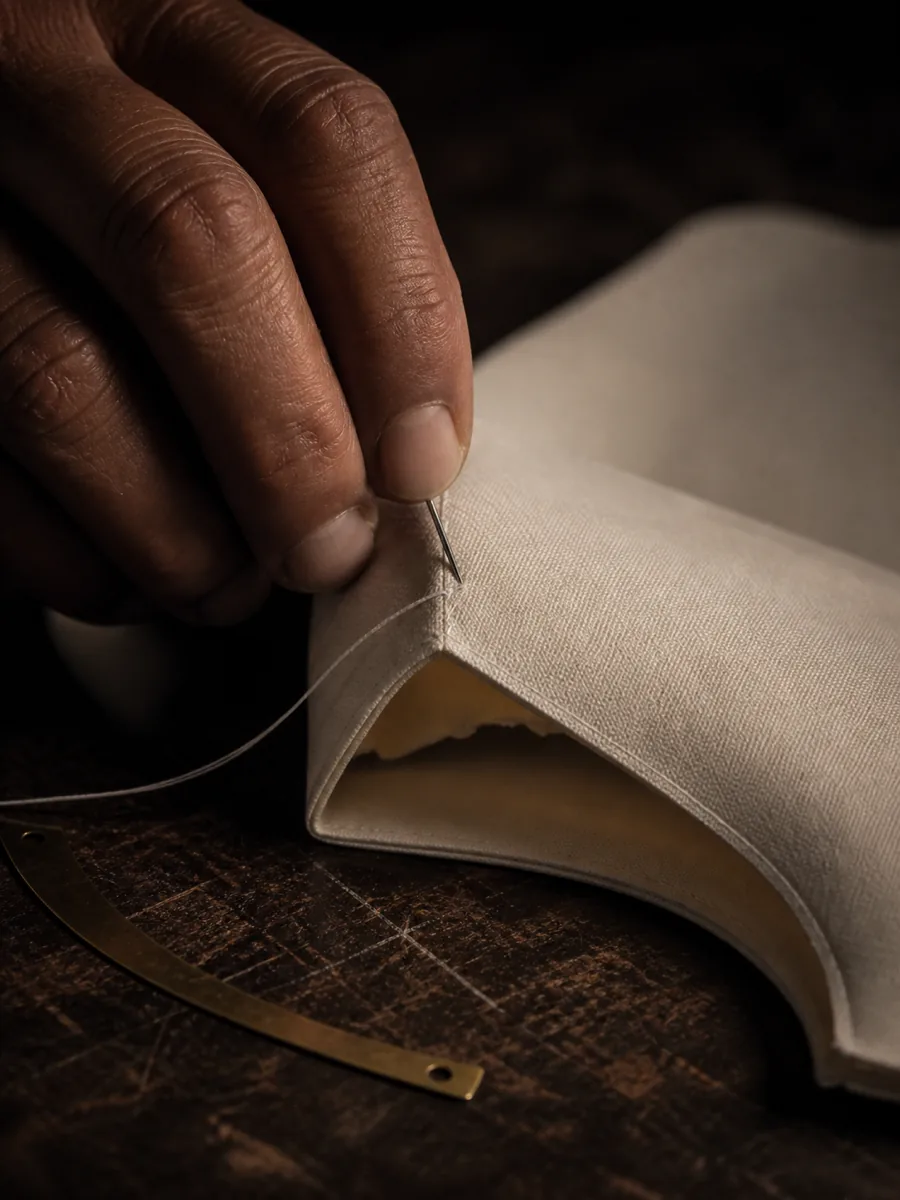 A needle caught mid stitch through fine cotton twill