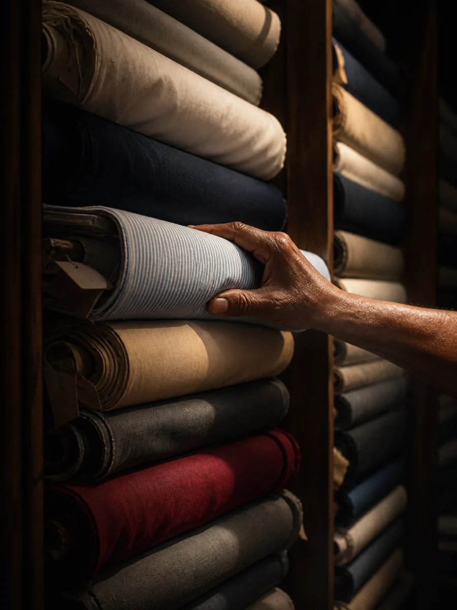 Bolts of shirting cloth stacked against a workroom wall