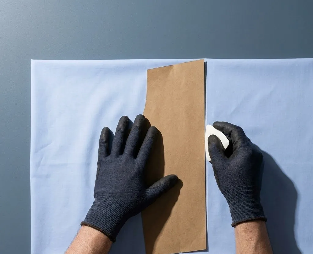 Gloved hands squaring a pattern piece against pale blue shirting