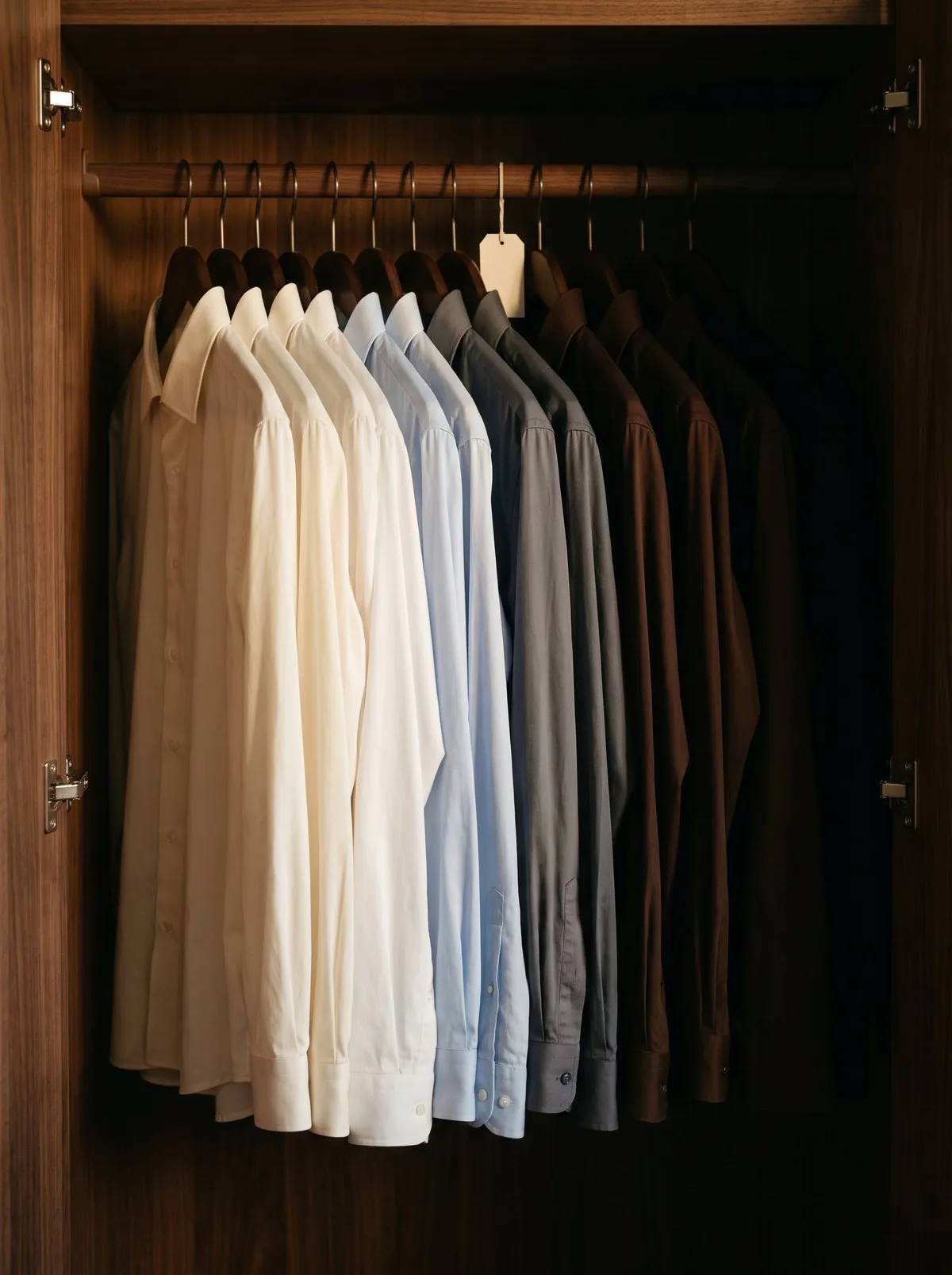 A rail of finished shirts on walnut hangers, graduating in colour