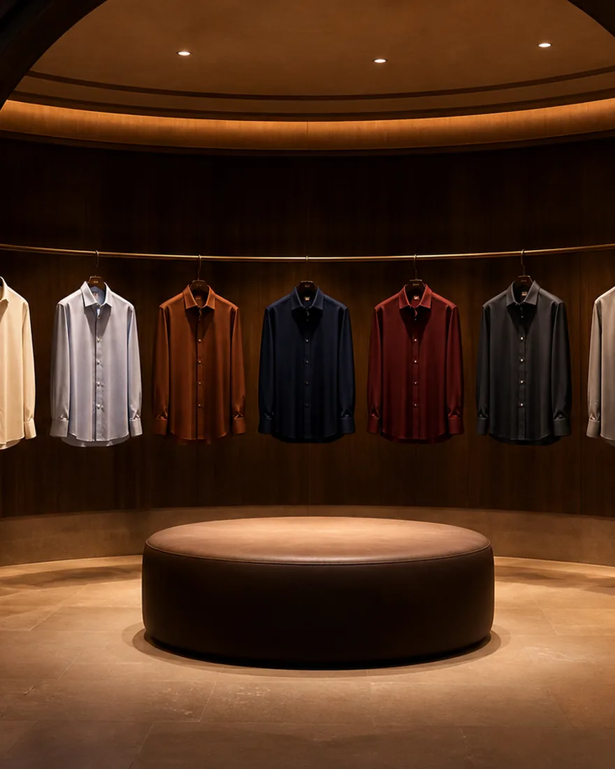 A private circular room, seven shirts on a brass rail and a round ottoman at its centre