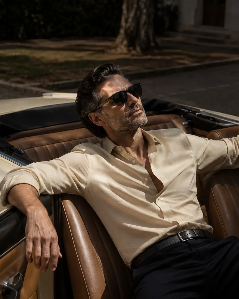 A cream shirt, worn open, in a parked convertible