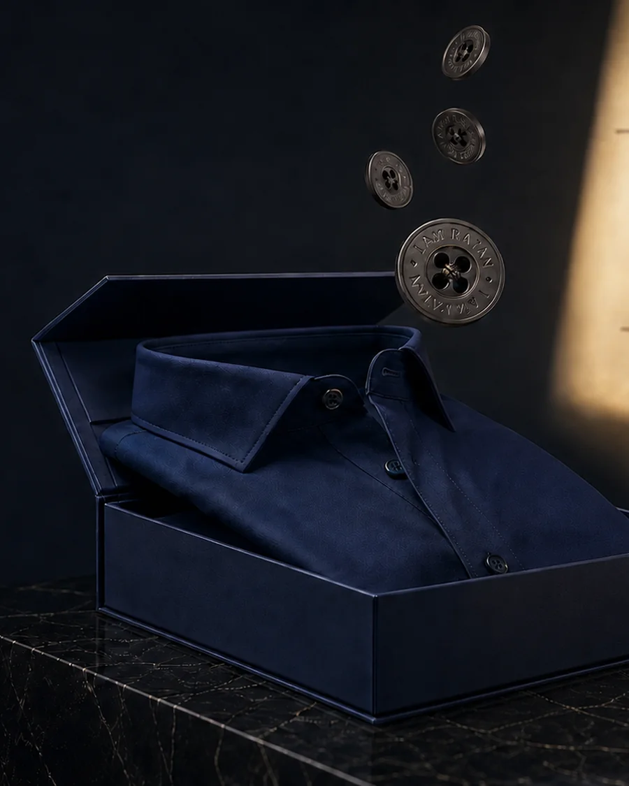 A navy shirt folded into the house box, engraved buttons suspended above it