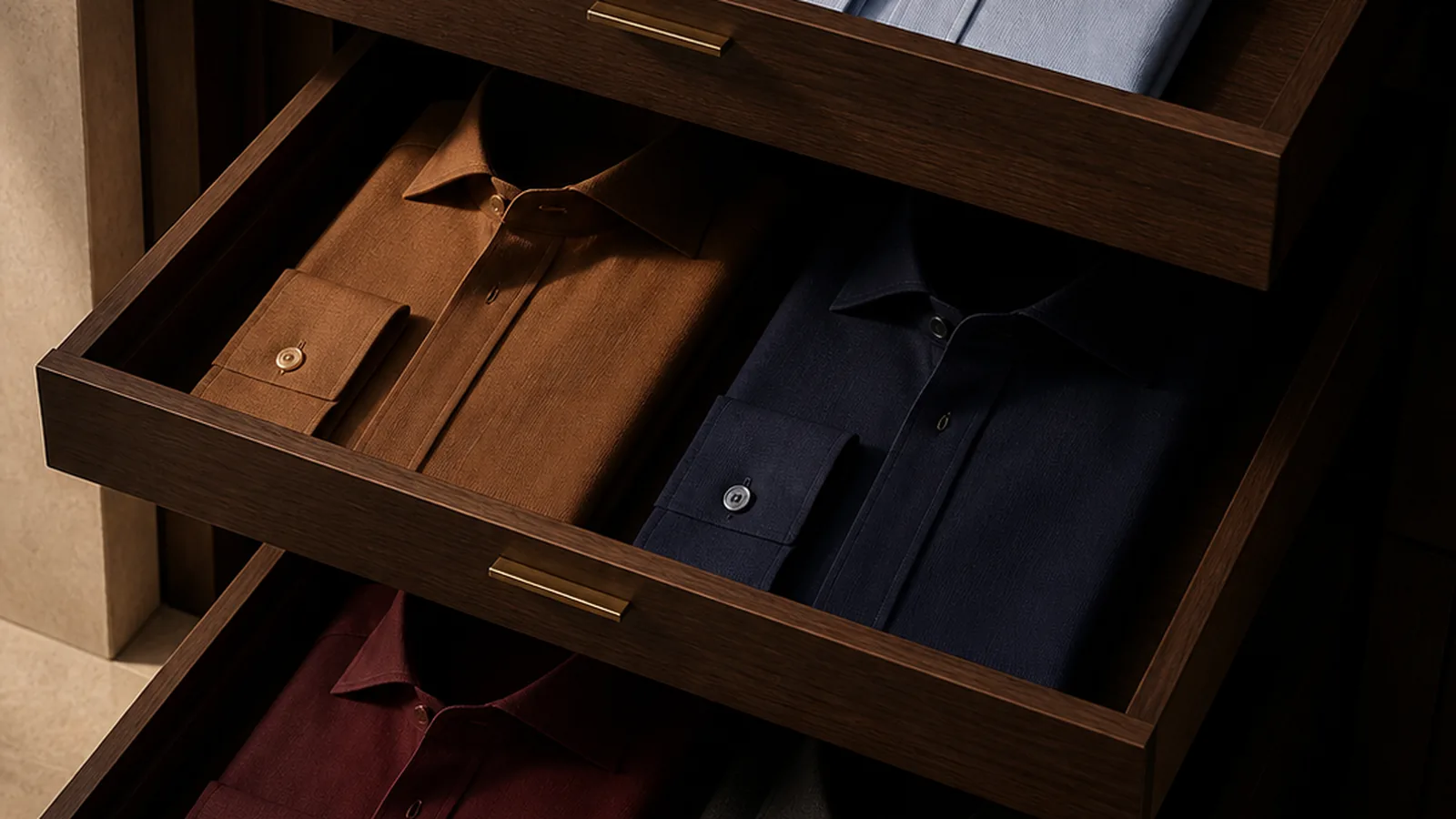 Folded shirts in a drawer archive, one colour to a tray